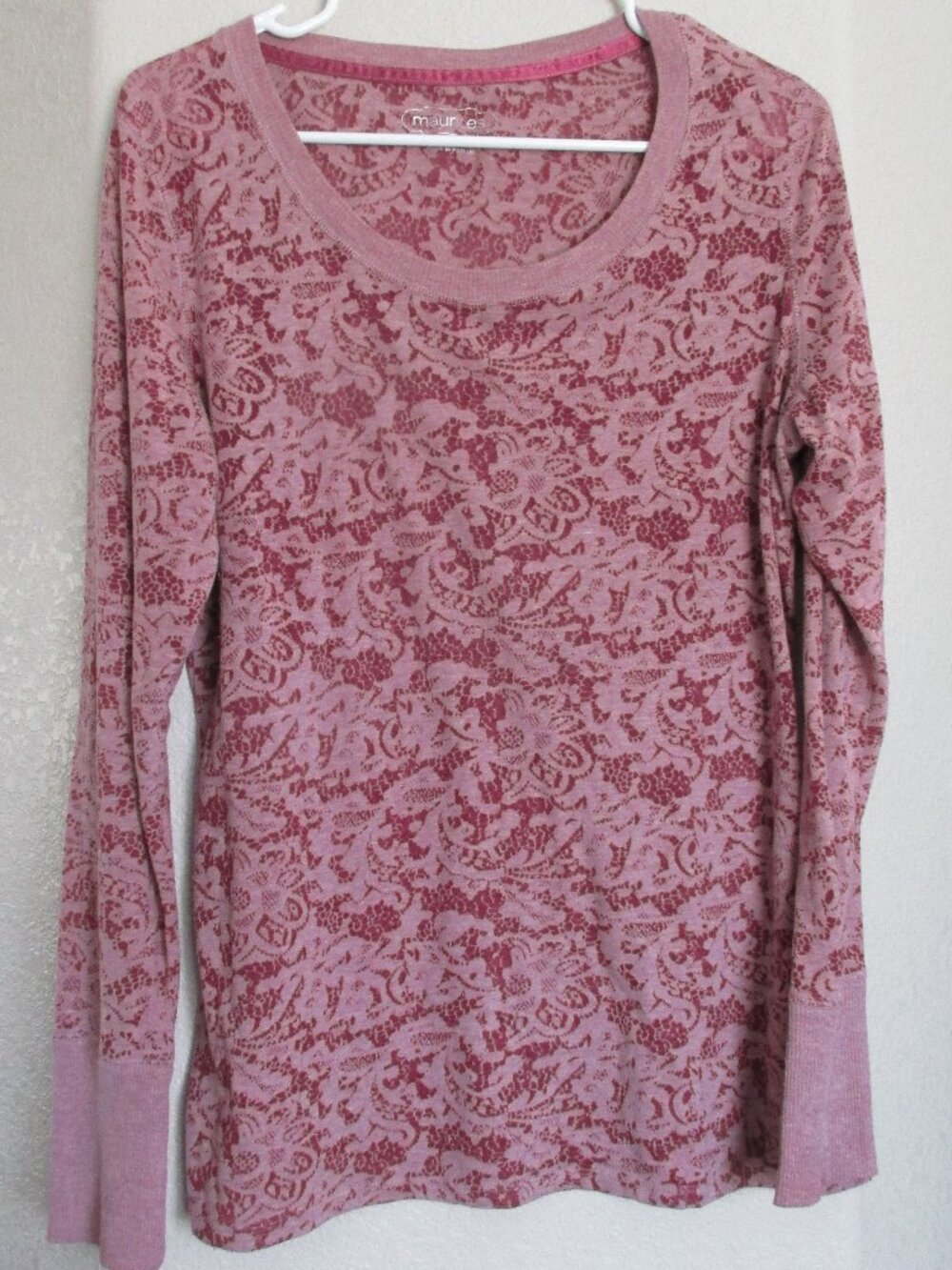 Maurices Pullover Shirt‎ Womens Large Red Pink Long Sleeve Crew Neck Sheer Top